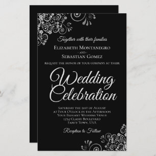 Lacy Silver on Black BUDGET Wedding Invite Large