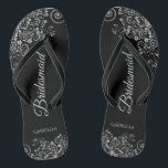 Lacy Silver on Black Elegant Bridesmaid Wedding Jandals<br><div class="desc">These elegant wedding flip flops are a great way to thank and recognise your bridesmaids, while giving their feet a rest after a long day. The beautiful design features an elegant design with ornate silver grey frills on a black background and fancy grey script lettering. The text reads Bridesmaid with...</div>