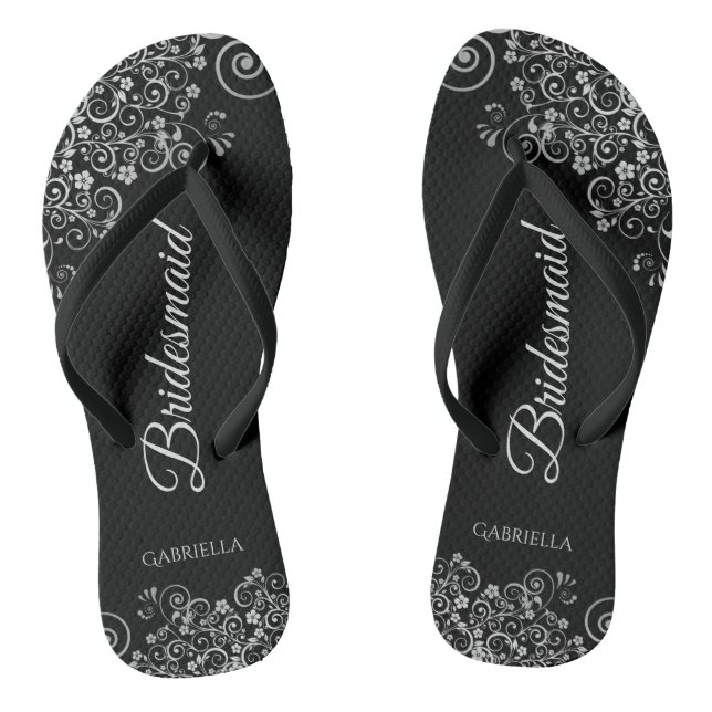 Lacy Silver on Black Elegant Bridesmaid Wedding Jandals (Footbed)