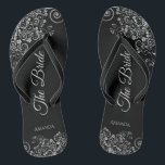 Lacy Silver on Black Elegant The Bride Wedding Jandals<br><div class="desc">Dance the night away with these beautiful wedding flip flops. Designed for the bride, they feature a simple yet elegant design with grey script lettering on a classic black background and fancy silver grey decorative curls and swirls. Beautiful way to stay fancy and appropriate while giving your feet a break...</div>