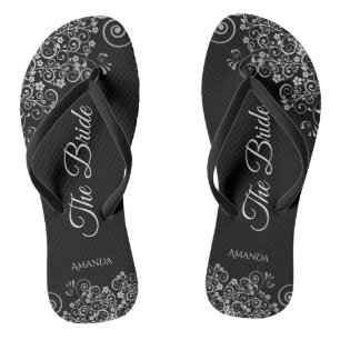 Lacy Silver on Black Elegant The Bride Wedding Jandals