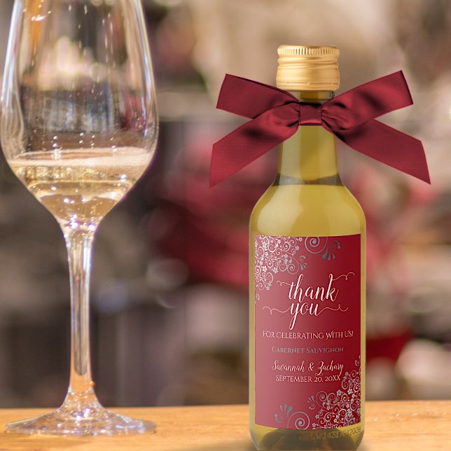 Lacy Silver on Red Wedding Thank You Mini Wine Label (Creator Uploaded)
