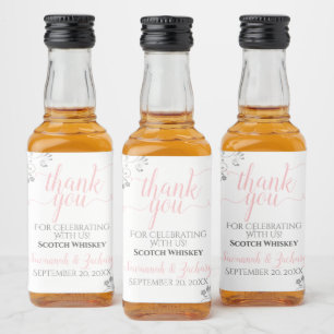 Lacy Silver & Pink on White Wedding Thank You Mini Liquor Bottle Label