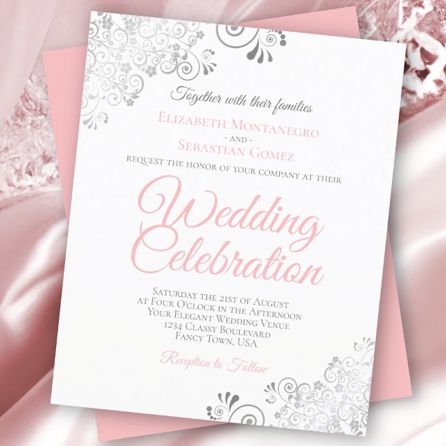 Lacy Silver Pink & White BUDGET Wedding Invitation (Creator Uploaded)