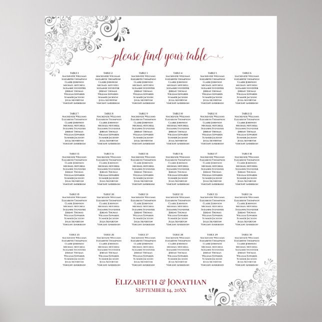 Lacy Silver & Red 30 Table Wedding Seating Chart (Front)