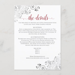 Lacy Silver Red Calligraphy White Wedding Details Enclosure Card