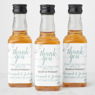 Lacy Silver & Teal on White Wedding Thank You Mini Liquor Bottle Label