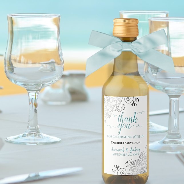 Lacy Silver & Teal on White Wedding Thank You Mini Wine Label (Creator Uploaded)