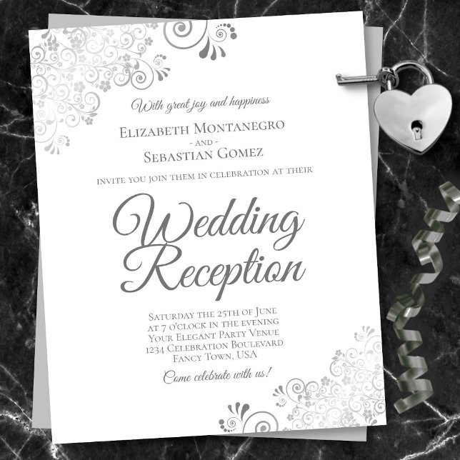 Lacy Silver White Wedding Reception BUDGET Invite (In Situ Front/Back)