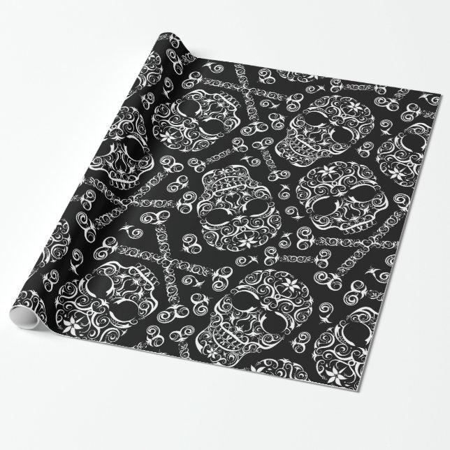 Lacy Skull & Bones Pattern Wrapping Paper I (Unrolled)