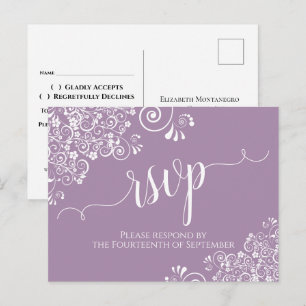 Lacy White Calligraphy Dusty Purple Wedding RSVP Postcard