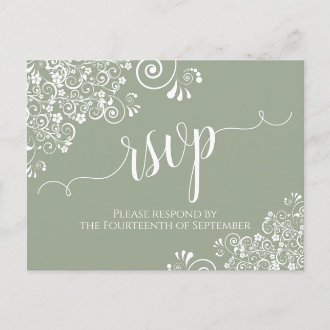 Lacy White Calligraphy on Sage Green Wedding RSVP Postcard (Front)