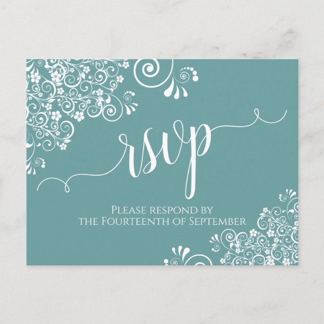 Lacy White Calligraphy on Teal Wedding RSVP Postcard (Front)