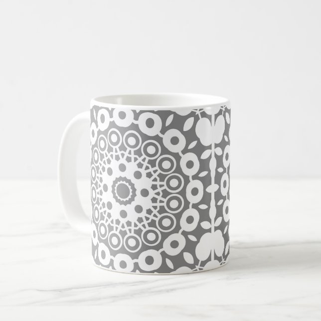 Lacy white squares on a light grey background coffee mug (Front Left)