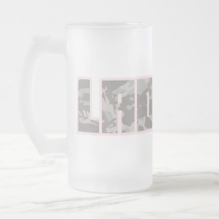 "Ladette" urban camo brown and pink text beer mug