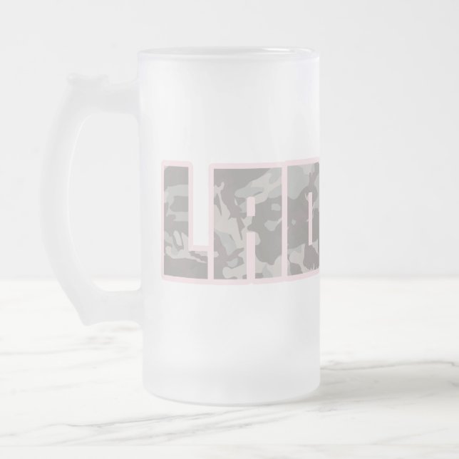 "Ladette" urban camo brown and pink text beer mug (Left)