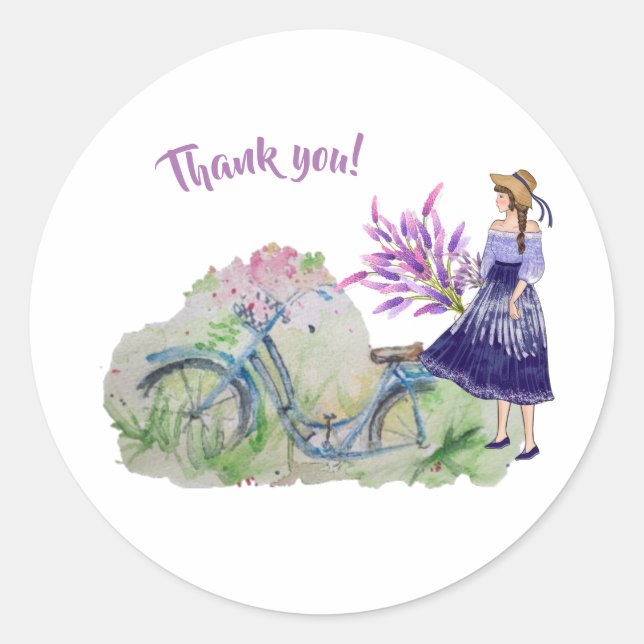 Ladies bicycle in spring field classic round sticker (Front)