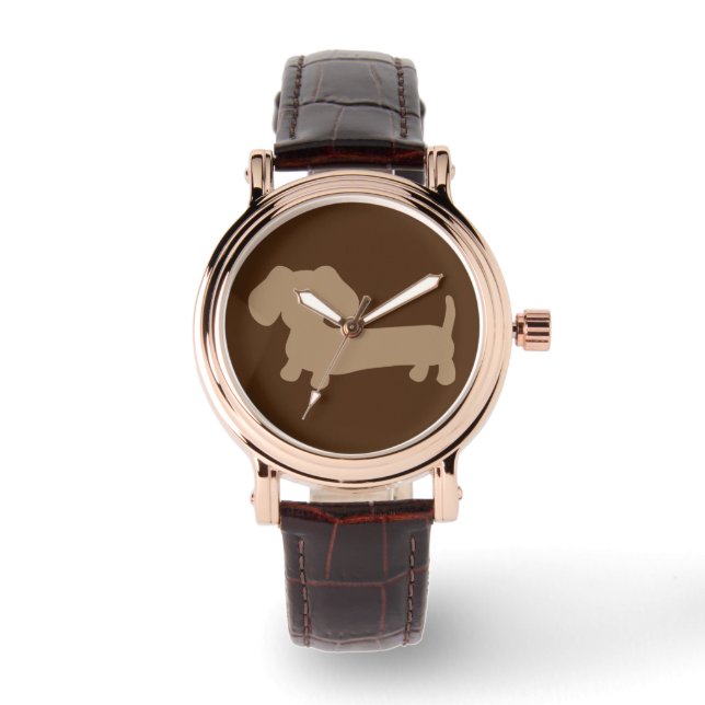 Ladies Chocolate Brown Dachshund Leather Watch (Front)