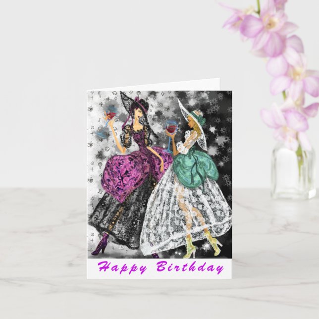 Ladies Drinking Wine Funny Birthday Card (Orchid)