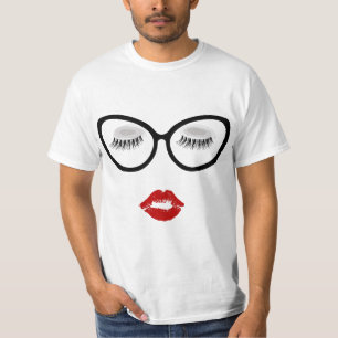 Ladies Eyelashes Black Glasses Red Pouty Full Lips T-Shirt