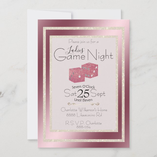 Ladies' Game Night Gold Glitter Pink Dice Invitation (Front)