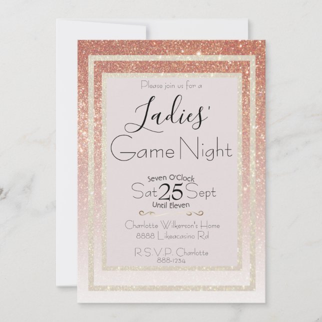 Ladies' Game Night Pink Blush and Gold Glitter Invitation (Front)