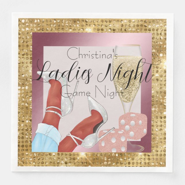 Ladies Game Night Pink Dice & Gold Diamonds Napkin (Front)