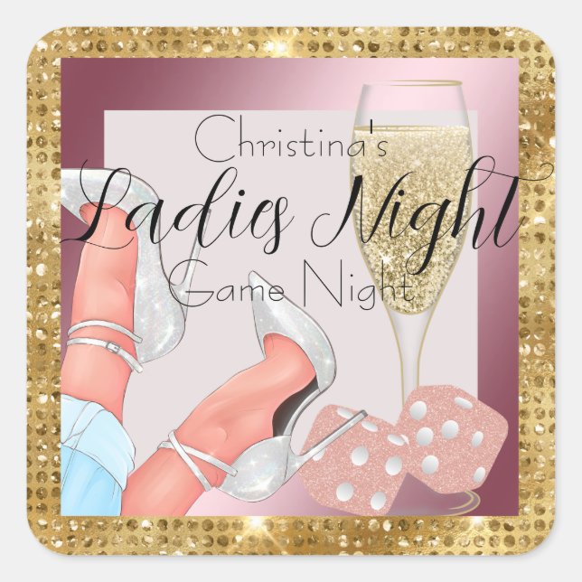 Ladies Game Night Pink Glitter Dice Gold Diamonds Square Sticker (Front)