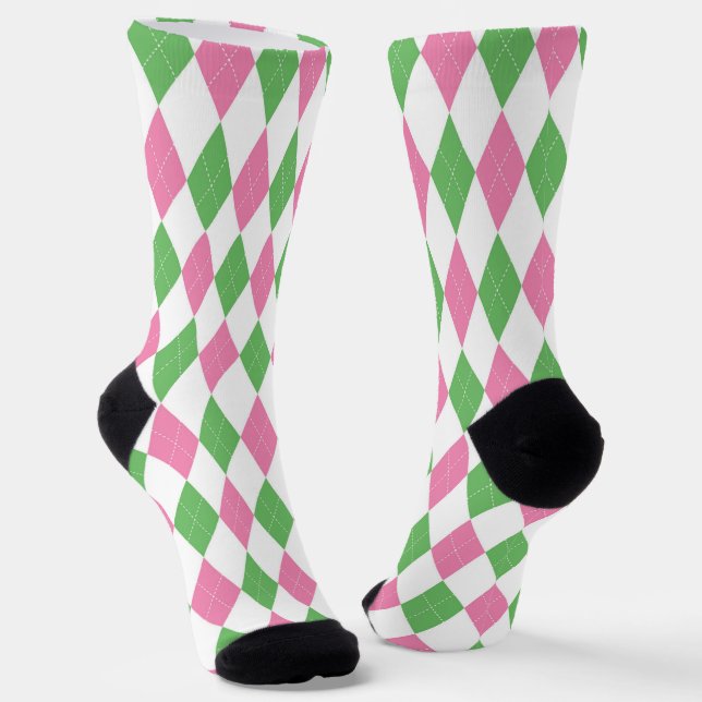 Ladies Golf League Pink Green Pink Green Argyle Socks (Angled)