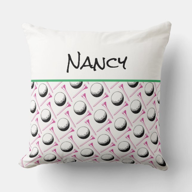 Ladies Golf Pattern Ball Tees Name Pink Fun Decor Cushion (Front)