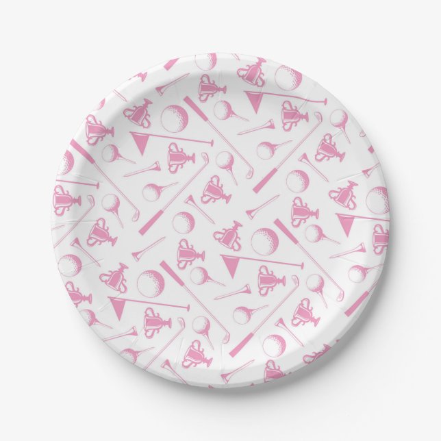 Ladies Golf Pattern Pink White Preppy Golfing  Paper Plate (Front)