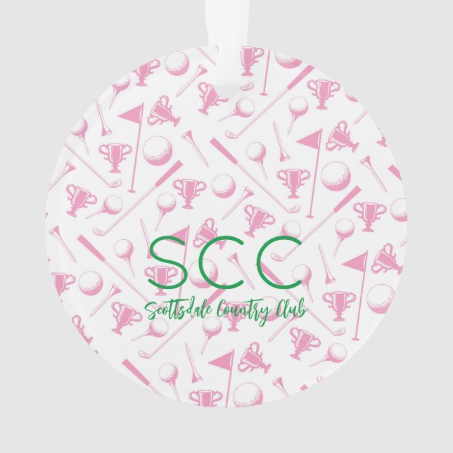 Ladies Golf Pink White CUSTOM Award Event Favour Ornament (Back)