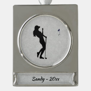 Ladies Golfer Silver Plated Banner Ornament