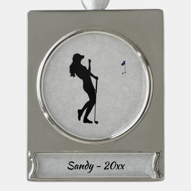 Ladies Golfer Silver Plated Banner Ornament (Front)