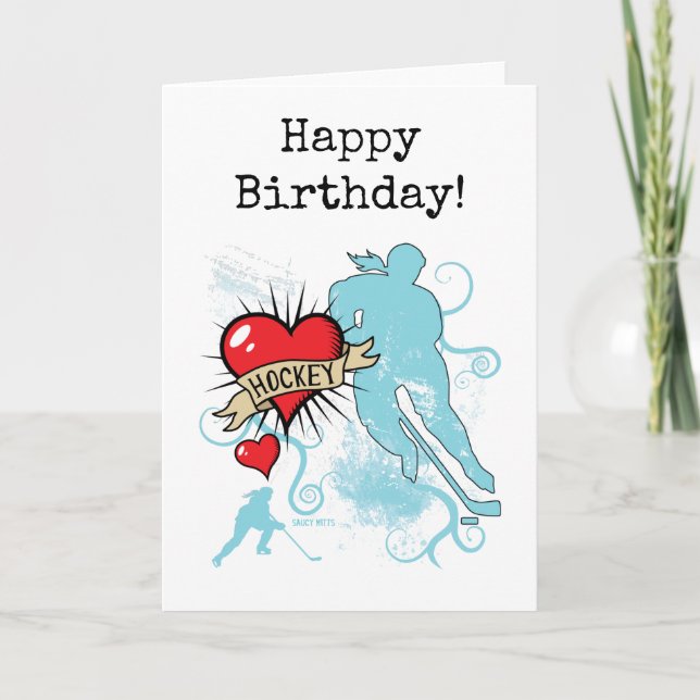 Ladies or Girls Hockey Heart Tattoo Happy Birthday Card (Front)