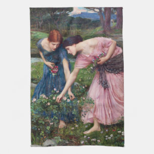 Ladies Picking Roses, John William Waterhouse Tea Towel