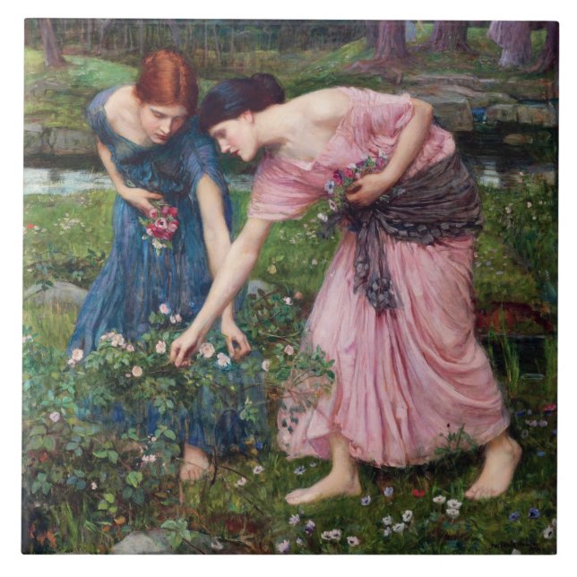 Ladies Picking Roses, John William Waterhouse Tile (Front)