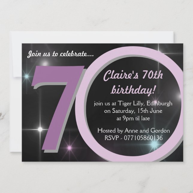 Ladies Pink / Purple Sevetieth 70th Birthday Party Invitation (Front)