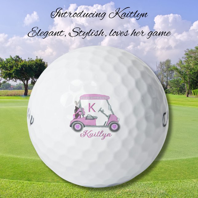 Ladies Pink Watercolor Cart Monogram Name Golf Balls (Creator Uploaded)