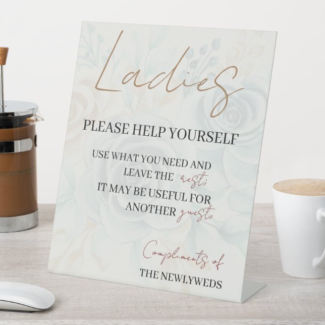Ladies please help yourself wedding bathroom baske pedestal sign (In SItu)