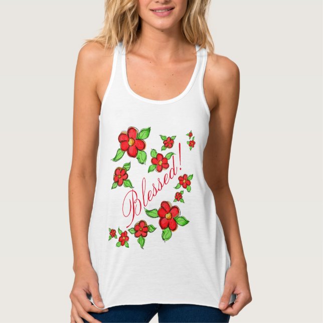 Ladies Red Floral Blessed Tank-Top Singlet (Front)