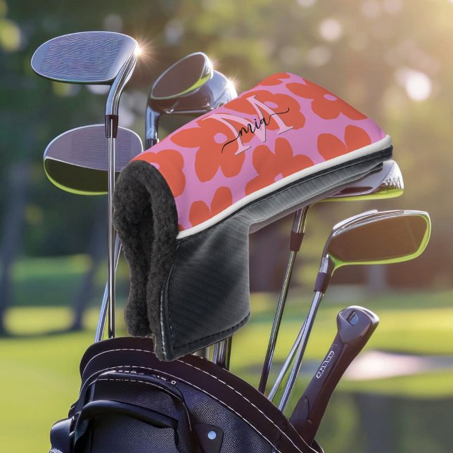 Ladies Retro Bold Pink Orange Floral Monogram  Golf Head Cover (Creator Uploaded)