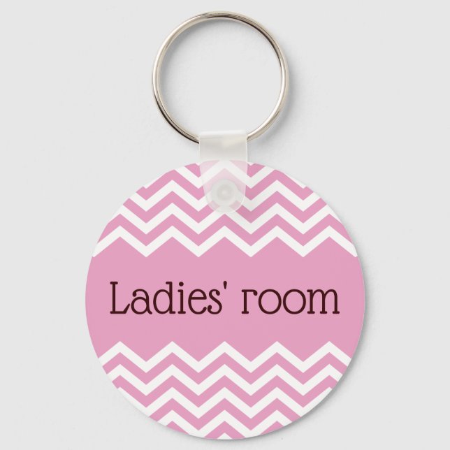 Ladies room bathroom keychain, pink chevrons key ring (Front)