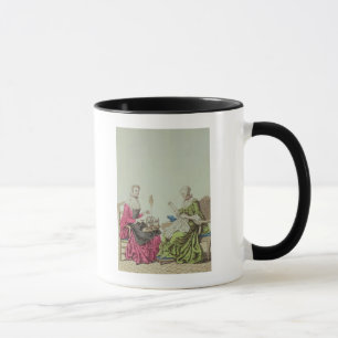 Ladies spinning and sewing, c.1765 mug