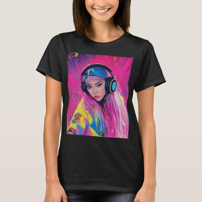 Ladies T-shirt DJ girl with pink hair (Front)