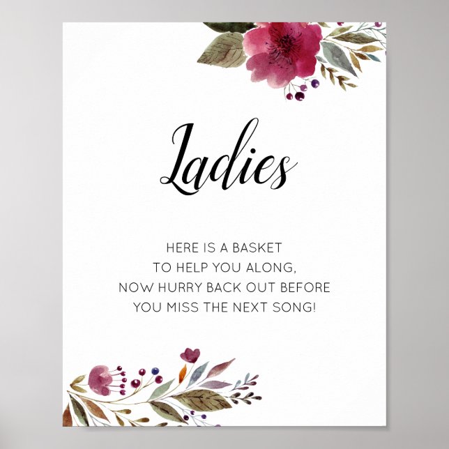 Ladies Womens Bathroom Basket Sign Burgundy Floral (Front)