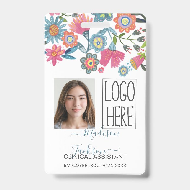 Ladies womens floral identification plastic id badge (Front)