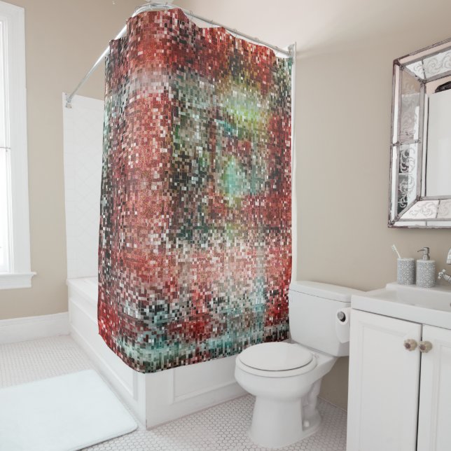 Ladrilho vermelho manchado com tinta spray shower curtain (In Situ)