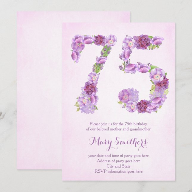 lady 75th birthday invitations, lavender invites (Front/Back)