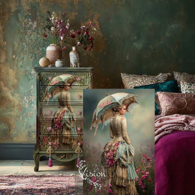 Lady & a Parasol Ethereal Floral Field Tissue Paper (French Woman, and Parasol, Ethereal Floral Field, Muted Teal and Fuchsia Pink Decoupage Tissue Paper)